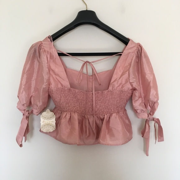 NWT Altar'd State Sz S Rose Pink Puff Sleeve Smock Back Crop Babydoll Top Boho - Picture 2 of 14